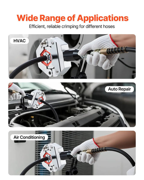 Hydraulic Hose Crimper Kit for Automotive Air Conditioning Repair With Seven Dies and Snap-On Carrying Case in use