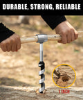 BURTOK 10-inch hand auger drill with silver chuck and black-silver spiral bit drilling into a log