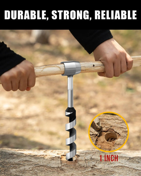 BURTOK 10-inch hand auger drill with silver chuck and black-silver spiral bit drilling into a log