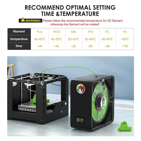3D Printer Filament Dryer Box with fan connected to a 3D printer, showing adjustable temperature and humidity control settings.