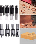 Killer Pro Grade Woodworking Chamfer And Countersink Kit with HSS drill bits and wood plug cutters displayed on a work surface.