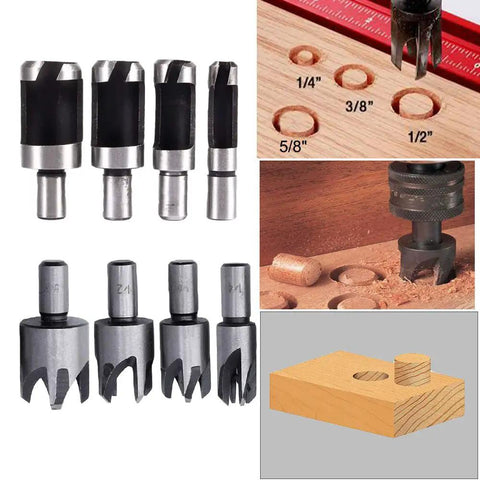 Killer Pro Grade Woodworking Chamfer And Countersink Kit with HSS drill bits and wood plug cutters displayed on a work surface.