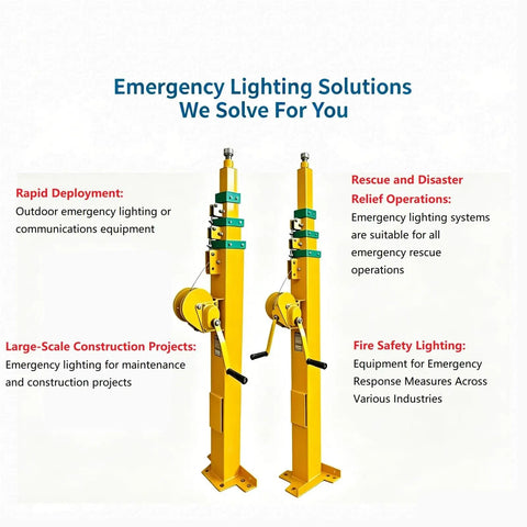 Emergency lighting solutions with tall yellow poles for rapid deployment and rescue operations, showcasing durable design.
