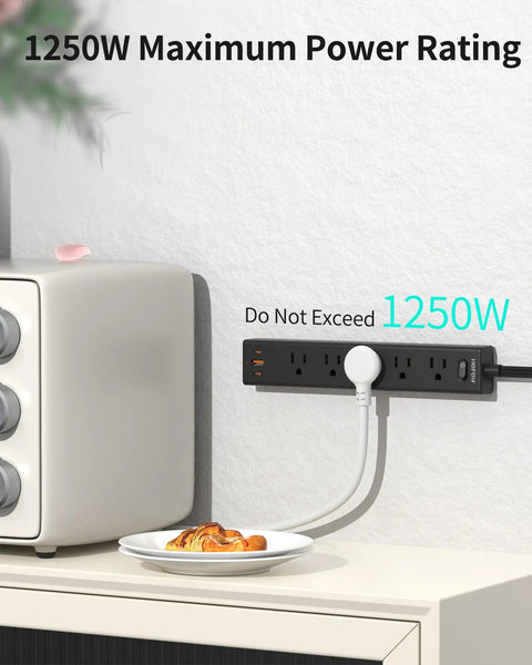 Ultra Thin Flat Plug Power Strip With 6 Foot Cord, 5 Outlets And 3 USB Ports Including 2 USB C, 1700 Joules Surge Protector on wall