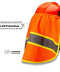 Solid Knitted Neck Shade For Forestry Safety Helmets With 3M Reflective Patch And Super Airy Polyester Fabric To Keep You Chill All Shift Long While Blocking Hot Sun And Falling Debris During Outdoor Work Runs on a safety helmet with bright orange color and reflective strips.