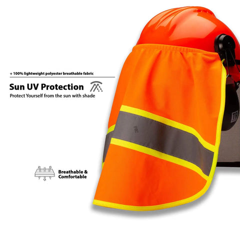 Solid Knitted Neck Shade For Forestry Safety Helmets With 3M Reflective Patch And Super Airy Polyester Fabric To Keep You Chill All Shift Long While Blocking Hot Sun And Falling Debris During Outdoor Work Runs on a safety helmet with bright orange color and reflective strips.