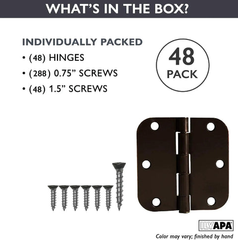 Oil Rubbed Bronze Interior Door Hinges 48 pack with screws displayed in packaging with removable pins, heavy duty