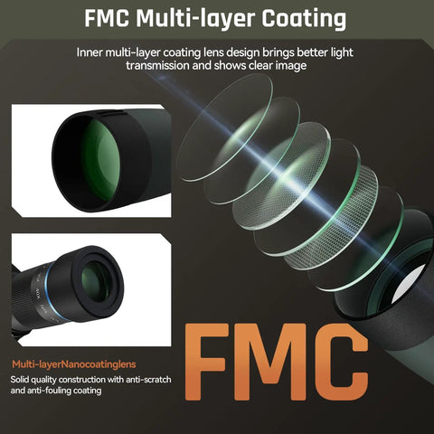 FMC multi-layer coating on 20 To 60x80 ED Spotting Scope With HD Optics Dual Focusing Fog Proof Waterproof Detachable Eyepieces And Smartphone Adapter For Hunting Target Shooting And Birding, showing lens design for clear image