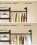 Industrial Pipe Wall Mounted Closet System With Retractable Rods And Heavy Duty Metal Mesh Shelves Hella Sturdy Vintage Black, shows capacity before and after extension.
