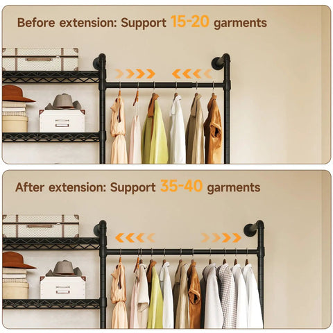 Industrial Pipe Wall Mounted Closet System With Retractable Rods And Heavy Duty Metal Mesh Shelves Hella Sturdy Vintage Black, shows capacity before and after extension.