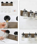 Farmhouse Mason Jar Bathroom Vanity Lights With Faux Wood Backplate In Warm Brown Finish Cozy Rustic Jar Shade Sconce For Modern Powder Room Easy Install And Durable Construction For Everyday Living viewing assembly and installation pieces.