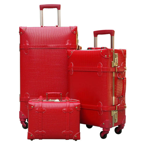 Vintage Inspired 3-Piece Luggage Set With Hardside Red Crocodile-Embossed Finish Lightweight Spinner Suitcases