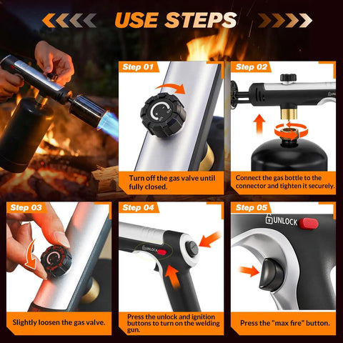 Use steps for Propane Torch Gun With Adjustable Flame And Safety Lock For BBQ Grilling Camping And Searing Steaks Delivers 3272F High Heat For Charcoal Lighting Outdoor Cooking And More