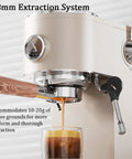 Solid Build Semi Automatic Espresso Machine With 58mm Portafilter And Dual Boiler For A Hit The Spot Nine Bar Pull Compact Countertop Coffee Maker With Steam Wand For Your Daily Grind, showcasing the 58mm extraction system.
