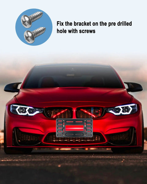 Front License Plate Mounting Kit With Black Aluminum Frame And Plastic Bumper Tag Adapter displayed on red car