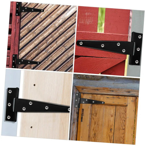 Four views of Five Inch Black Painted Galvanized T Type Weld On Door Hinges for exterior gates and shed doors on wood surfaces