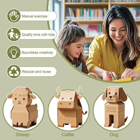 Mother and daughter crafting with corrugated cardboard animal figures, featuring sheep, cattle, and dog for creative projects