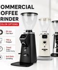 Top Tier Commercial Espresso Grinder Featuring 64Mm Stainless Steel Flat Burrs Timed Dosing Button in three color options.