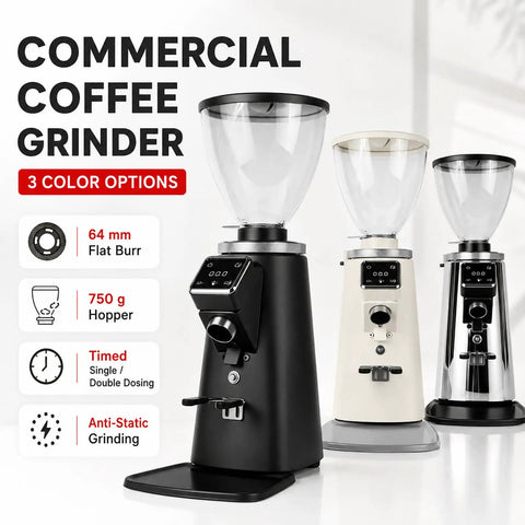 Top Tier Commercial Espresso Grinder Featuring 64Mm Stainless Steel Flat Burrs Timed Dosing Button in three color options.