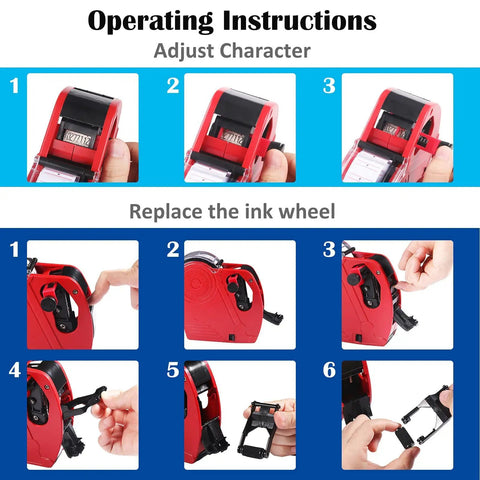 MX5500 Price Tag Gun Kit operating instructions for adjusting characters and replacing ink wheels on red 8-digit tag guns.