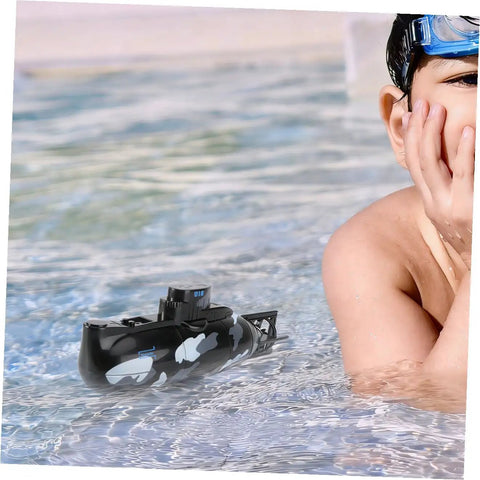 Remote Control Submarine Boat For Pool Fun, 6 Channel RC Sub with one propeller and child in pool, adult friendly, black