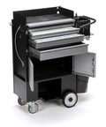 Heavy Duty Rolling Utility Cart With Four Drawers For Trades And Warehouses Snag Everything Inside Roll On Smooth Casters, black steel cart with casters and drawers.