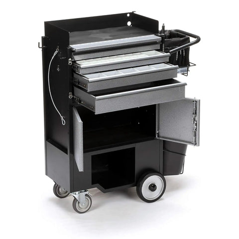 Heavy Duty Rolling Utility Cart With Four Drawers For Trades And Warehouses Snag Everything Inside Roll On Smooth Casters, black steel cart with casters and drawers.