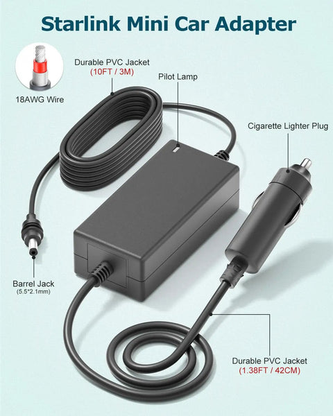 Heavy Duty 11 Feet Starlink Mini Car Power Adapter 12V To 30V DC Charger Cigarette Lighter Cord with durable PVC jacket.