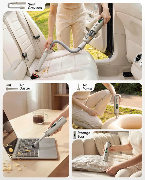 Slim V10 Ultra Cordless Car Vacuum 4 In 1 Portable Mini Cleaner with 19KPa suction used on car seat and keyboard.