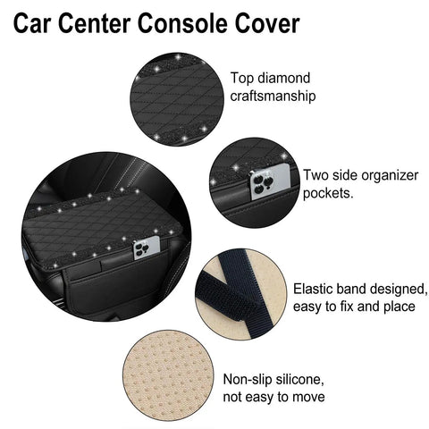 Fresh Universal Leather Center Console Cover With Chic Bling Accents And Handy Dual Storage Pouches To Keep Your Daily Driver Interiors Slick And Fully Organized In Modern Black, featuring diamond craftsmanship and two side pockets.