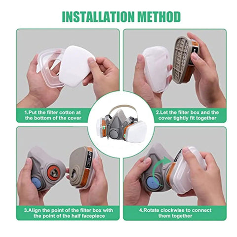 Installation steps for Lightweight Reusable Half Face Respirator With Replaceable Filters For Dust Organic Vapors Gas And Paint Fumes