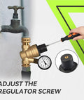 Person adjusting RV Water Pressure Regulator for Campers and Travel Trailers with Brass Lead Free Reducer Kit and gauge