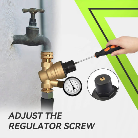 Person adjusting RV Water Pressure Regulator for Campers and Travel Trailers with Brass Lead Free Reducer Kit and gauge