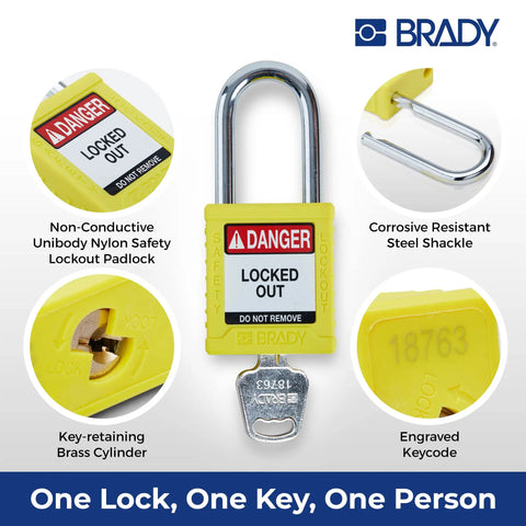 Heavy Duty Lockout Tagout Padlock Set In Bright Yellow Six Pack With Keyed Different Brass Cylinders Durable Nylon Bodies And Steel Shackles For Osha Compliant Industrial Safety Programs Dead Nuts Secure On The Job Site