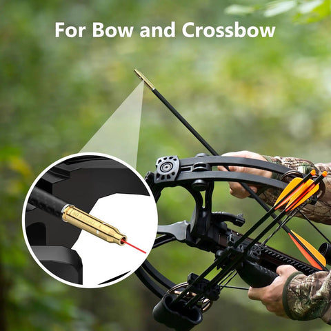 Crossbow Laser Bore Sight With On Off Switch Red Laser For Bow And Archery Easy Boresight Tool With Batteries Included Arrow Bore Sighter Boresighter For Precise Sight In in use, highlighting close-up of the laser feature.