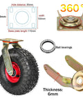 Heavy Duty Caster Wheels With Top Plate Swivel For Furniture And Workbenches, thick steel frame, pneumatic tire, dimensions shown