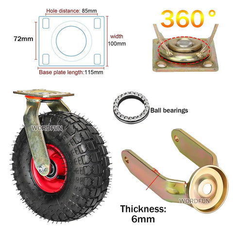 Heavy Duty Caster Wheels With Top Plate Swivel For Furniture And Workbenches, thick steel frame, pneumatic tire, dimensions shown