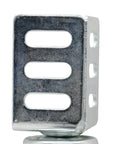 Metal bracket with slots and a base, side view, for the 1.5 Inch Round Non-Marking Rubber Slip-On Chair Leg Tips For Chairs, Stools, And Tables On Hardwood, Tile, And Laminate Floors; Protective Furniture Leg Caps; Side-Mount Corner Design For Inside Or Outside Installation; Set Of 12; Black.