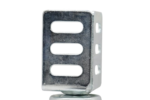 Metal bracket with slots and a base, side view, for the 1.5 Inch Round Non-Marking Rubber Slip-On Chair Leg Tips For Chairs, Stools, And Tables On Hardwood, Tile, And Laminate Floors; Protective Furniture Leg Caps; Side-Mount Corner Design For Inside Or Outside Installation; Set Of 12; Black.