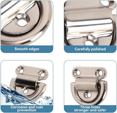 Marine-grade stainless steel folding pad eye D-ring set, 4 sets for boat deck hardware, polished finish