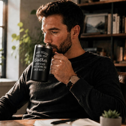 Man sipping from Bro Approved 20oz Stainless Steel Insulated Coffee Mug With Sweet Quote in matte black finish.
