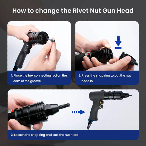 Pneumatic Rivet Nut Gun Kit With One Quarter Inch, Five Sixteenth Inch And Three Eighths Inch Mandrels head change steps