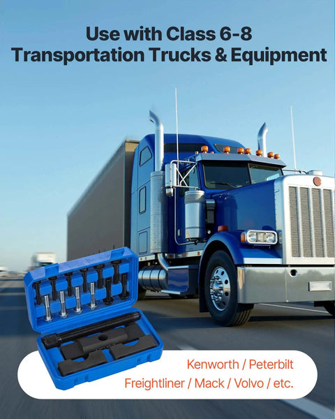 Beefed-Up Heavy Duty Yoke Puller Kit For Class 6-8 Trucks And Equipment with blue Kenworth truck in the background.