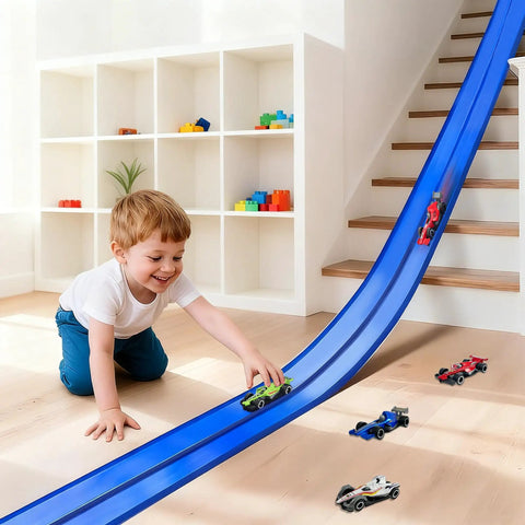 Child playing with 15 Ft Flexible Race Track Set With Two Lane Track And 6 Toy Cars For Kids, blue PVC track running down stairs