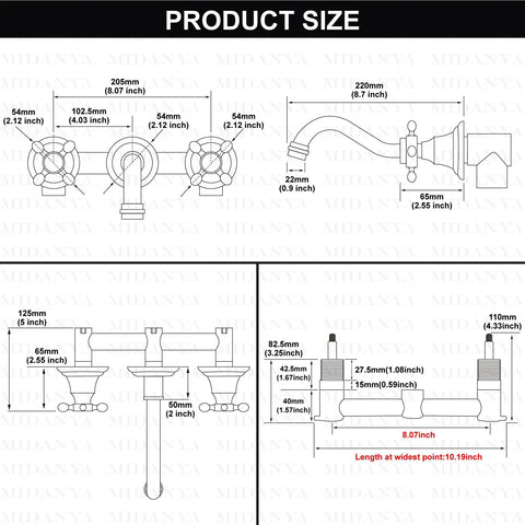 Widespread Bathroom Sink Faucet Wall Mount With Three Holes And Double Handles Solid Brass Lavatory Basin Mixer Tap dimensions