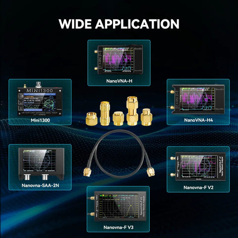 SMA Calibration Kit Set For NanoVNA H4 V2 V3 And SAA Mini1300 PS100 with connectors and jumpers displayed with analyzers