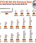 M3 M4 Screw Set With Nuts Washers And Wrenches 304 Stainless Steel Button Head Hex Socket Cap Screws M3 And M4 Sizes 4mm To 25mm 405 Piece DIY Ready Kit For Projects Robotics And Machinery image showing screw sizes and components