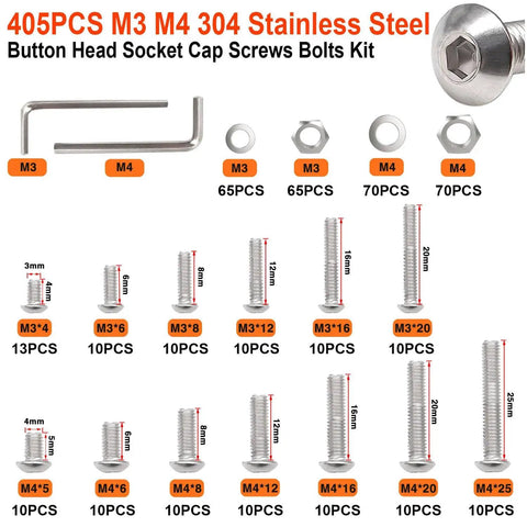 M3 M4 Screw Set With Nuts Washers And Wrenches 304 Stainless Steel Button Head Hex Socket Cap Screws M3 And M4 Sizes 4mm To 25mm 405 Piece DIY Ready Kit For Projects Robotics And Machinery image showing screw sizes and components
