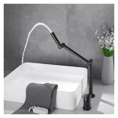 Faucet, Desk Mounted 360 Rotate Foldable Basin Faucet Mixer Hot and Cold Sink Tap Rotate Folding Spout Kitchen Matter Black in use with water.