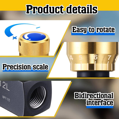 Hydraulic flow-control needle valve, 1/2 in NPT ports, carbon steel, front view with knurled brass adjustment knob and scale.